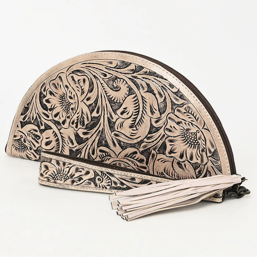 Hand-Tooled Leather Clutch - Semi-Circle Wristlet with Tassel