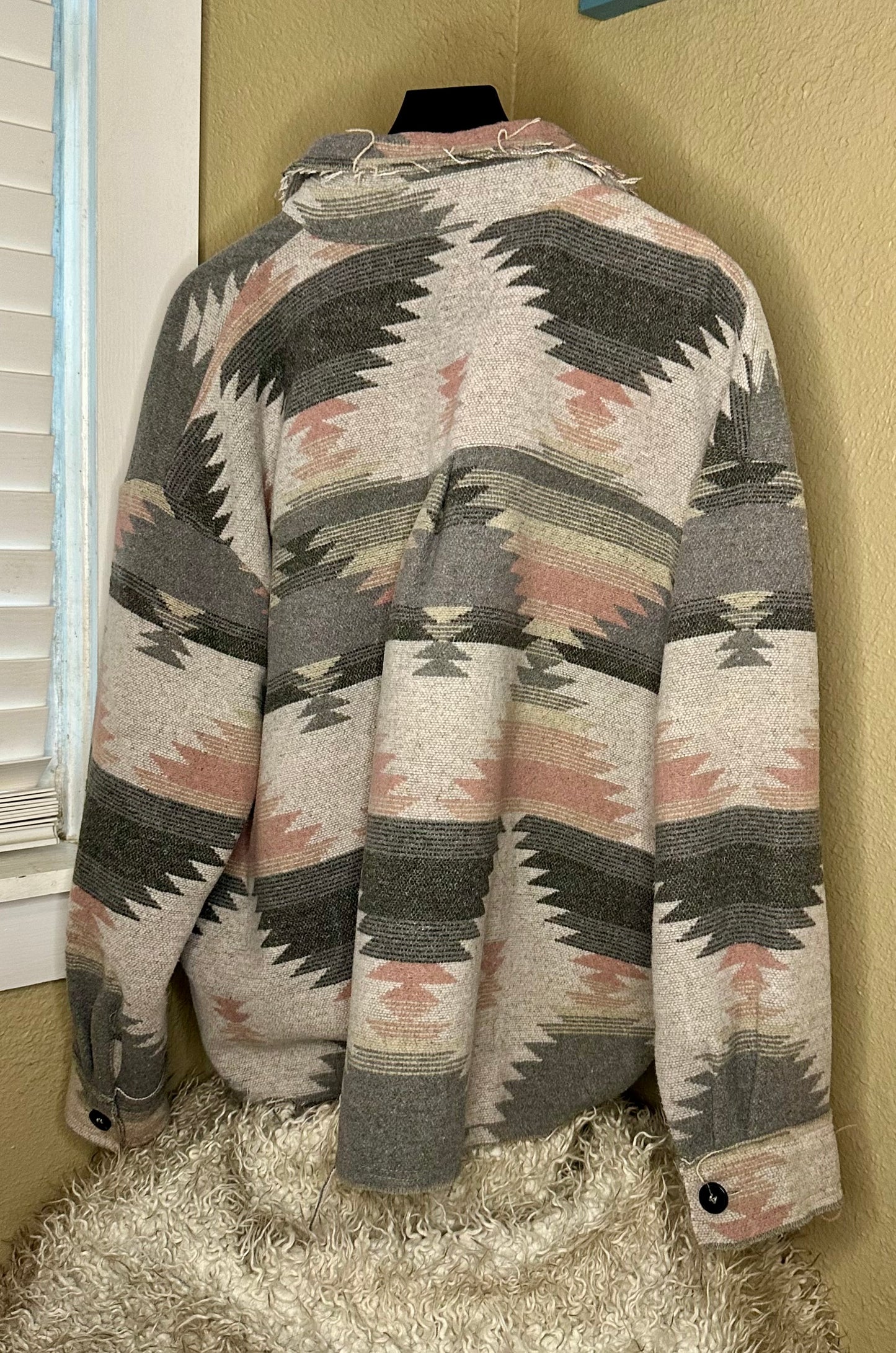 Pink/Grey Aztec Raw Hem Shacket, Size Medium
