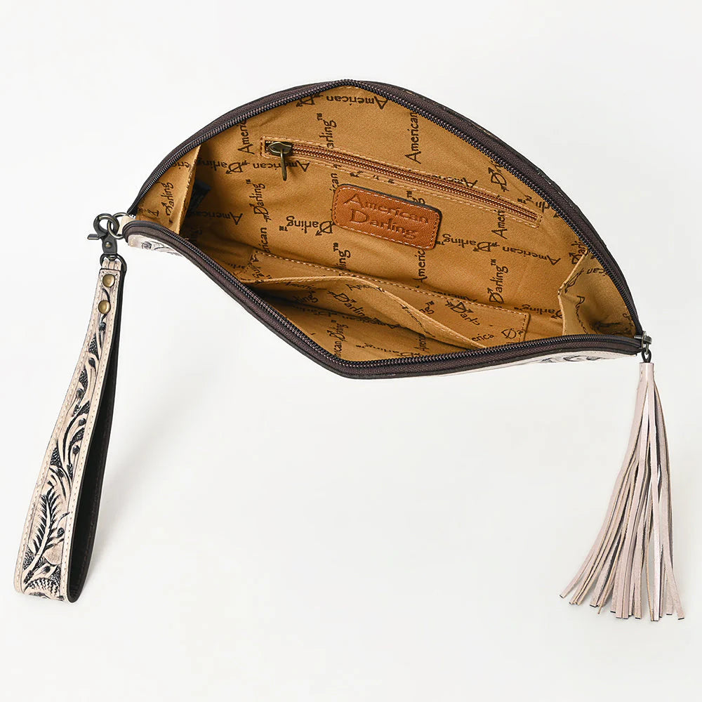Hand-Tooled Leather Clutch - Semi-Circle Wristlet with Tassel