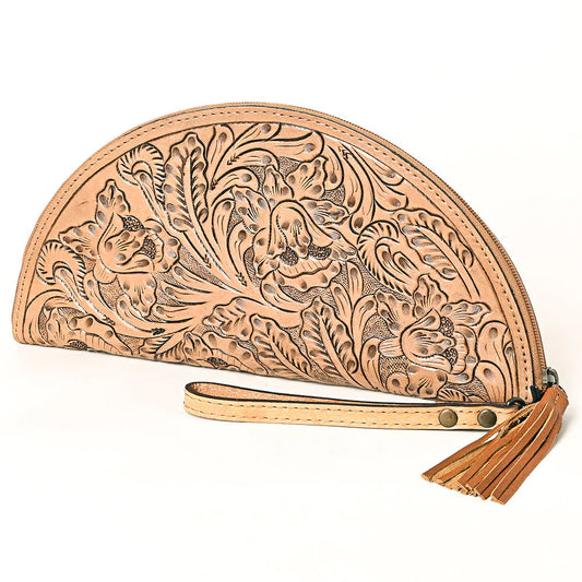 Hand-Tooled Leather Clutch - Semi-Circle Wristlet with Tassel