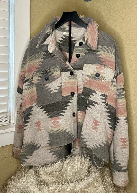 Pink/Grey Aztec Raw Hem Shacket, Size Medium