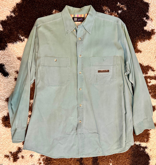Mens' Light Blue Button Up with Leather Pocket Accent, Size Large